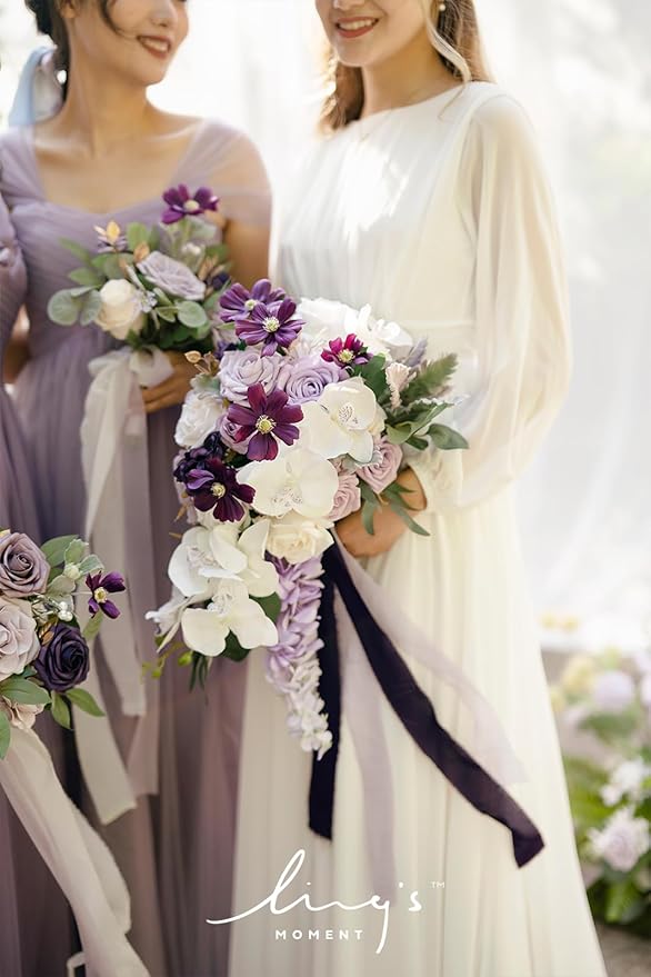 Ling's Moment Purple Bridal Bouquet Cascading, Lilac Wedding Bouquets - Image 4