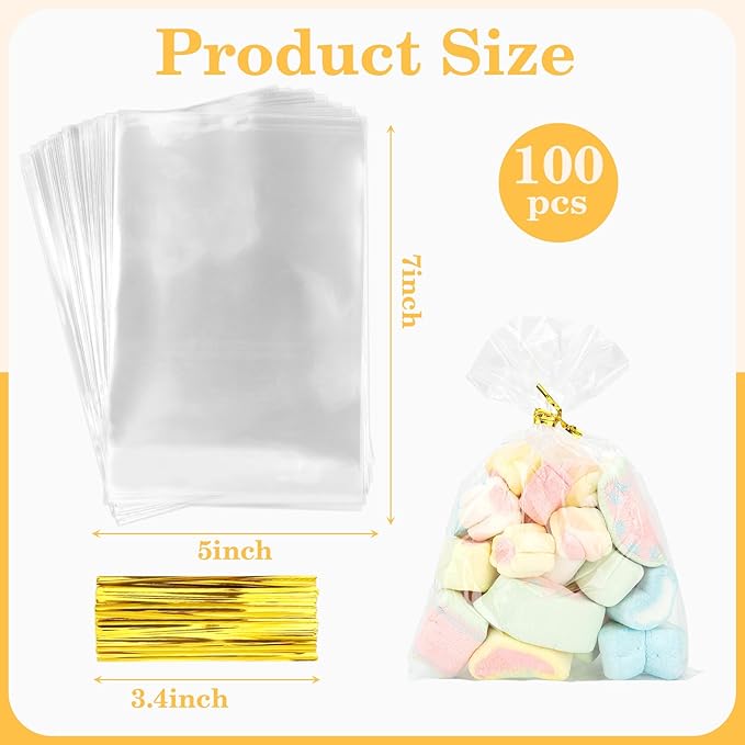Cidenbio 100 PCS Cellophane Treat Bags, 5x7 In Clear Cellophane Gift Bags - Image 3