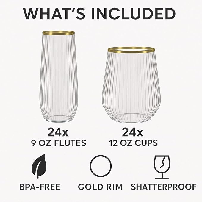48 Pack Ribbed Origami Ripple Plastic Glasses, 24 9 Ounce Stemless Champagne - Image 2
