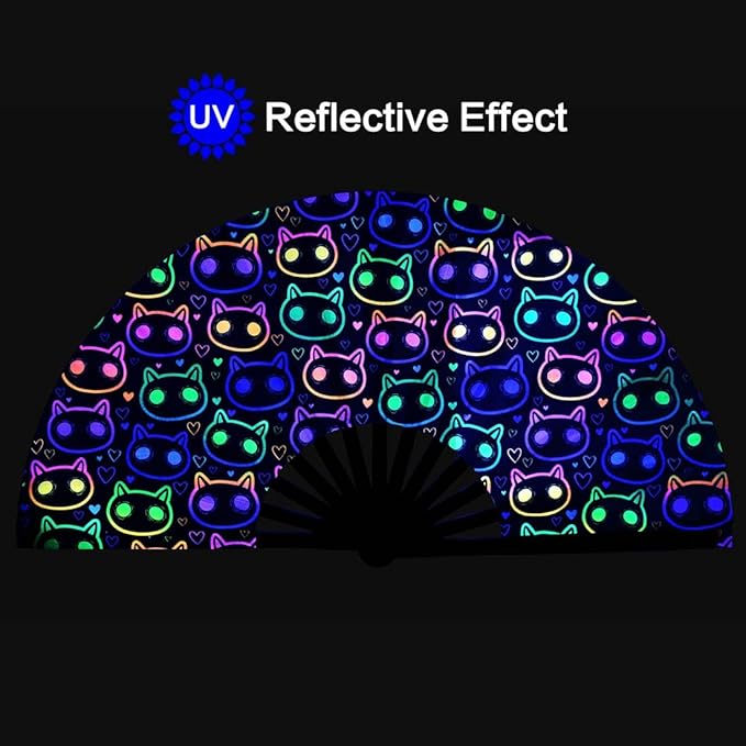 UV Glow Rave Fan, Bamboo Folding Clack Hand Fan - Image 2