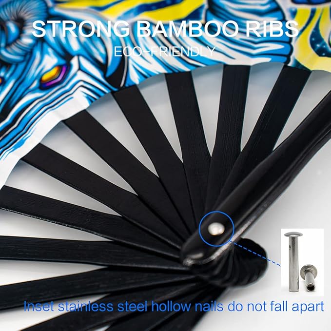 13" Large Rave Fan Bamboo, Folding Clack Hand Fans Foldable - Image 3