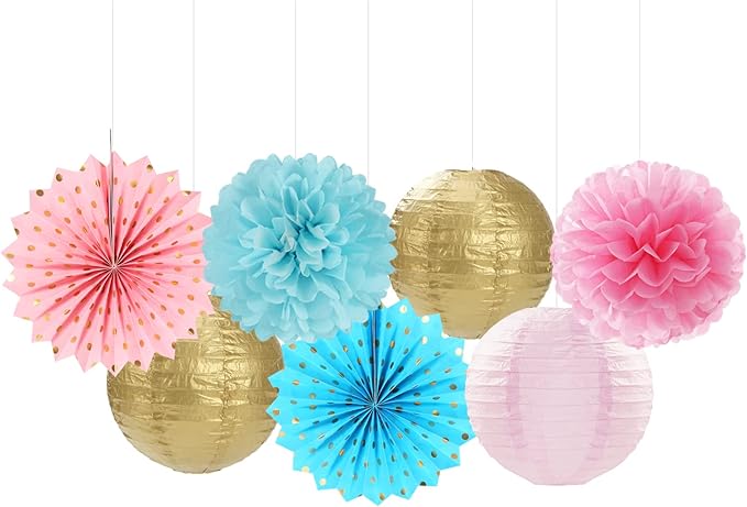 Pink Blue-Gold Party-Decorations Streamers Lanterns - Image 4
