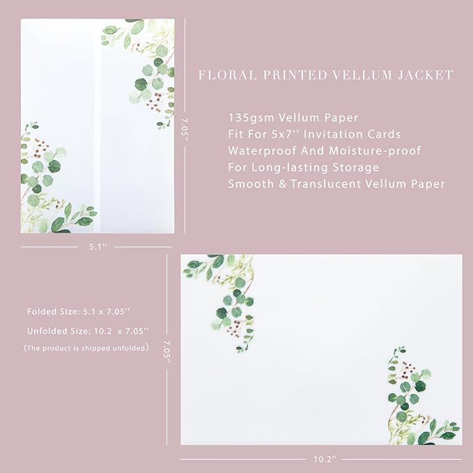 PONATIA 50 PCS Vellum Jackets for 5x7 Invitation Cards- 135GSM Green Eucalyptus - Image 4