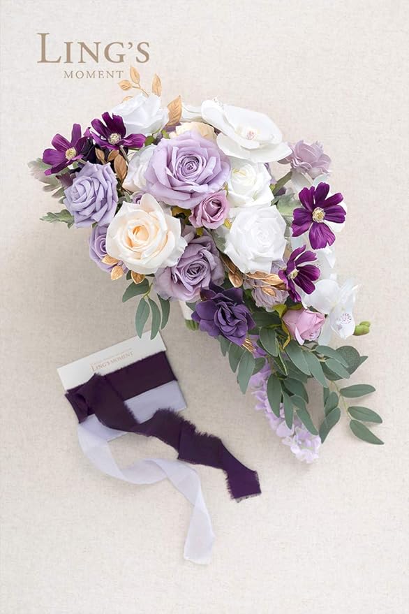 Ling's Moment Purple Bridal Bouquet Cascading, Lilac Wedding Bouquets - Image 5