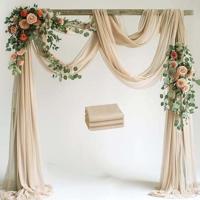 Wedding Arch Draping Fabric 3 Panels 28.7" x 20FT Champagne Sheer Chiffon by Xiomot