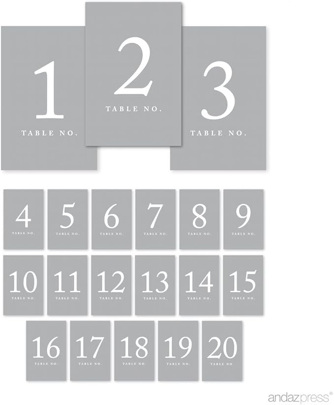 Andaz Press Gray Table Numbers 1-20, 4x6-Inches Table Number Cards by AndazPress