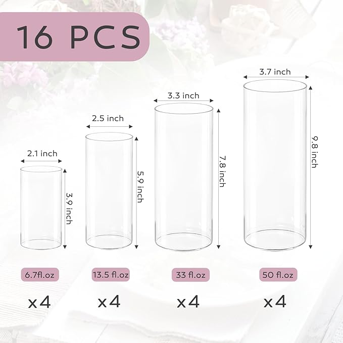 16 Pcs Cylinder Vases Set, 10 Inch Tall Clear Glass Vases - Image 2