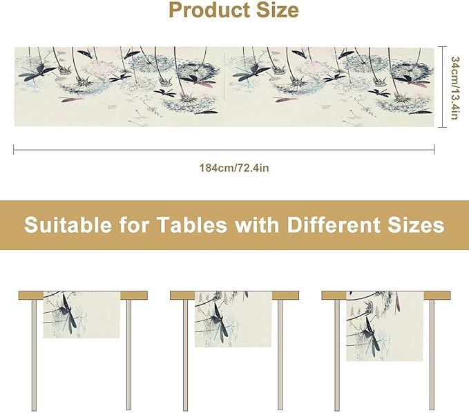 Dandelion Table Runner, Nature Rustic Dragonfly Teal Blue Floral Pattern Print - Image 2