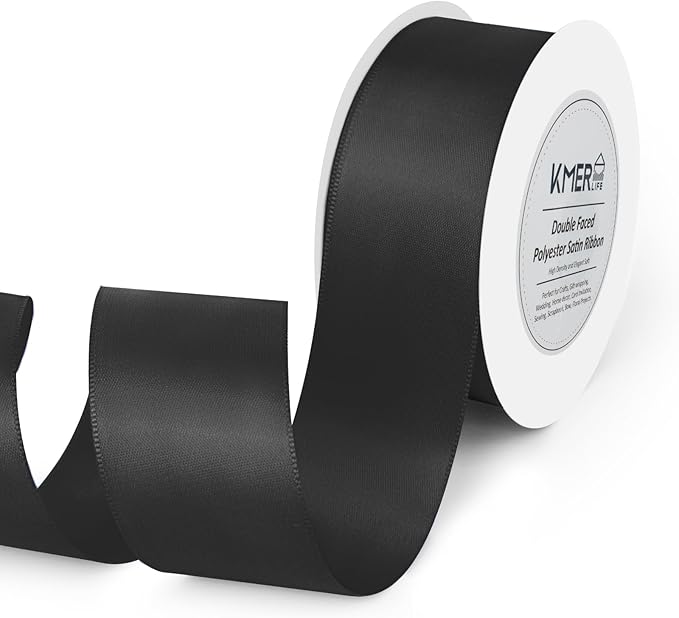 Solid Color Double Faced Black Satin Ribbon 1-1/2" X 25 Yards Ribbons Use by KMERLIFE