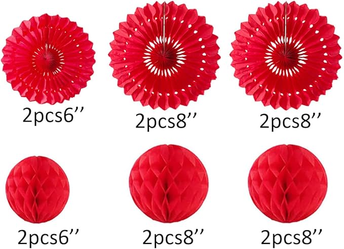 12pcs 6'' 8'' Red Honeycomb Balls Tissue Paper Fans Party Honeycomb Ball Fans - Image 2