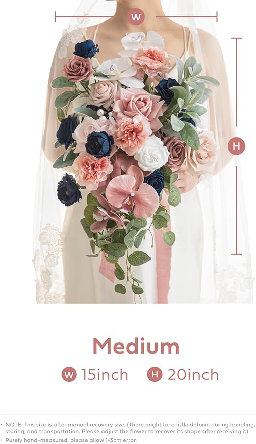 Ling's moment Dusty Rose Navy Blue Bridal Bouquet Cascading, 15 Inch Silk - Image 7