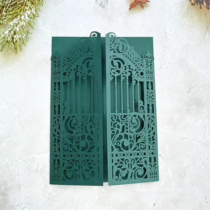 MillaSaw Dark Green Laser Cut Gate Invitation Sleeve DIY Wedding Invitation 25 - Image 2
