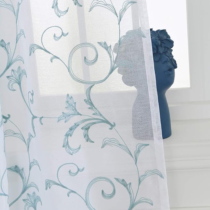 Embroidery Blue Sheer Curtains 84 Inches Long, Rod Pocket Sheer Drapes - Image 4