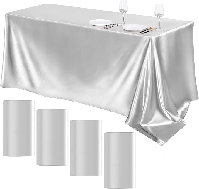 TURSTIN 4 Packs Silver Satin Tablecloth 102 x 58 Inch Overlay Satin Table Cover by TURSTIN