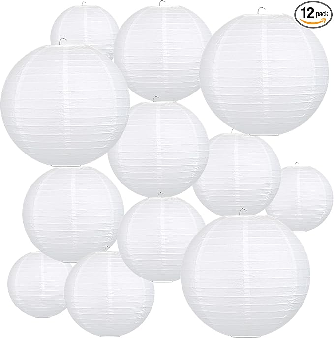 12Pcs Round Paper Lanterns Assorted Sizes by Peywot