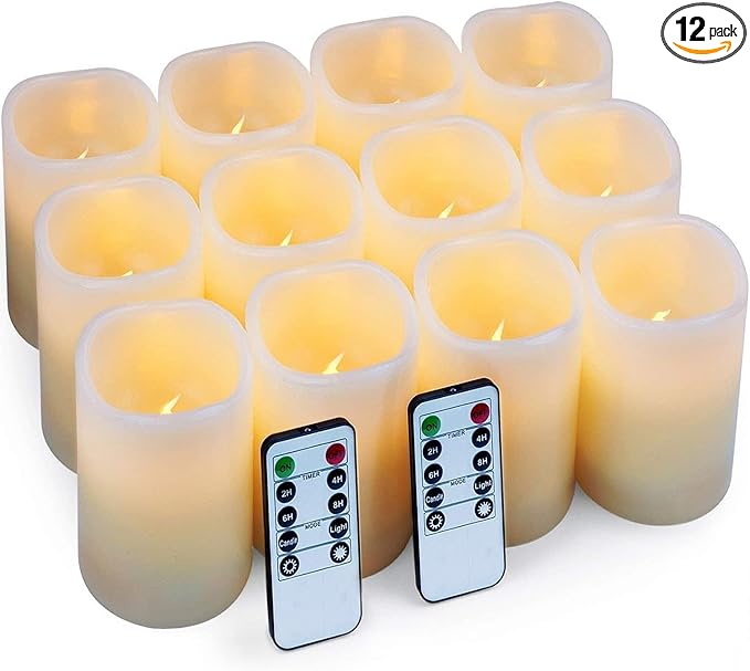 Hausware Flameless Candles Battery Operated Candles Set of 12 Real Wax Pillar by Hausware+Candles
