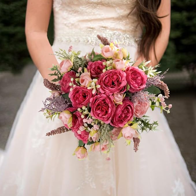 Artificial Peonies Silk Flowers Bouquet in Glass Vase Faux Flowers Bouquets - Image 6