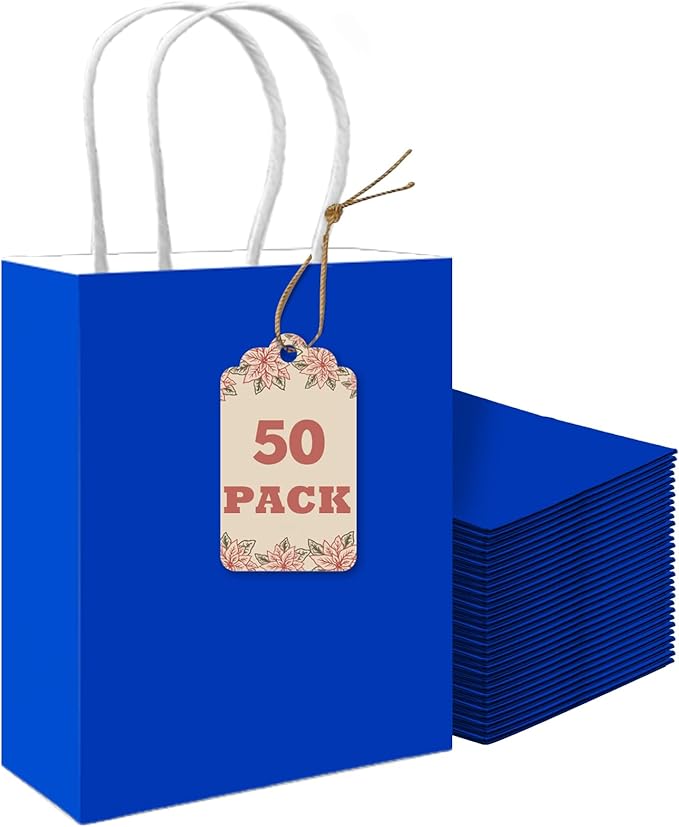 qiqee 50-Packs Gift Bag with Handles Bulk Diamond Blue Paper Bags Multiple Uses by Qiqee