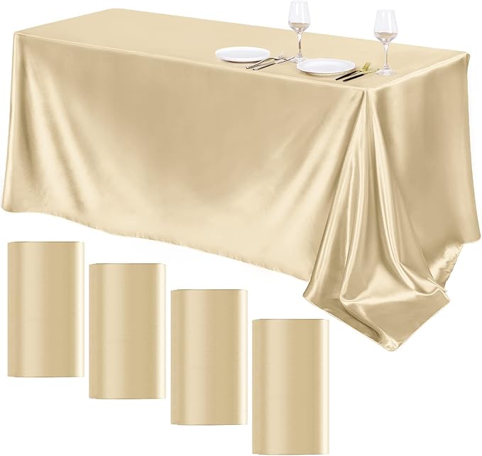 TURSTIN 4 Packs Champagne Satin Tablecloth 102 x 58 Inch Overlay Satin Table by TURSTIN