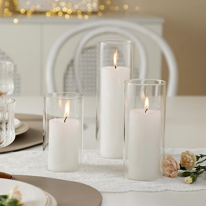 UDU Set of 12 White Pillar Candles and 12 Glass Cylinder Vases Hurricane Holders - Image 3