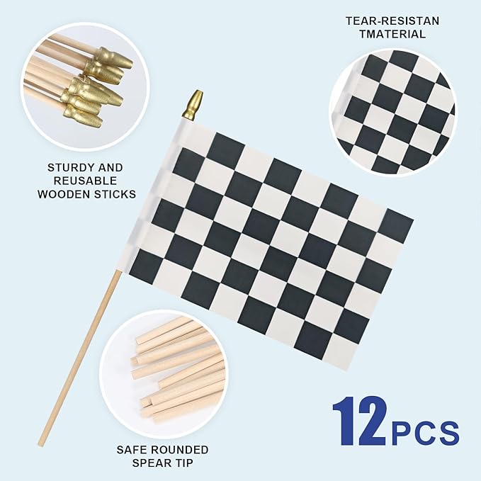 12Pcs Small Checkered Black and White Racing Flags on Wooden Stick Mini Race - Image 4