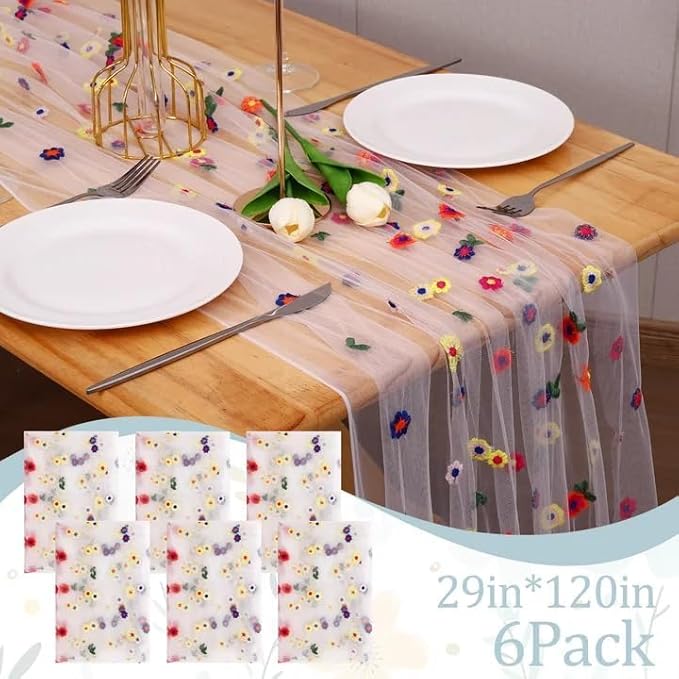 6PCS Lvory Floral Table Runner 10 FT, Embroidery Daisy Table Runners Seasonal - Image 2