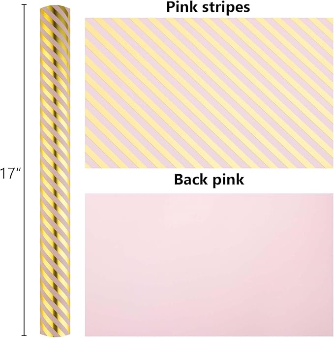 Burymento Pink and Gold Stripes Wrapping Paper, Reversible Pink Gift Wrap - Image 6