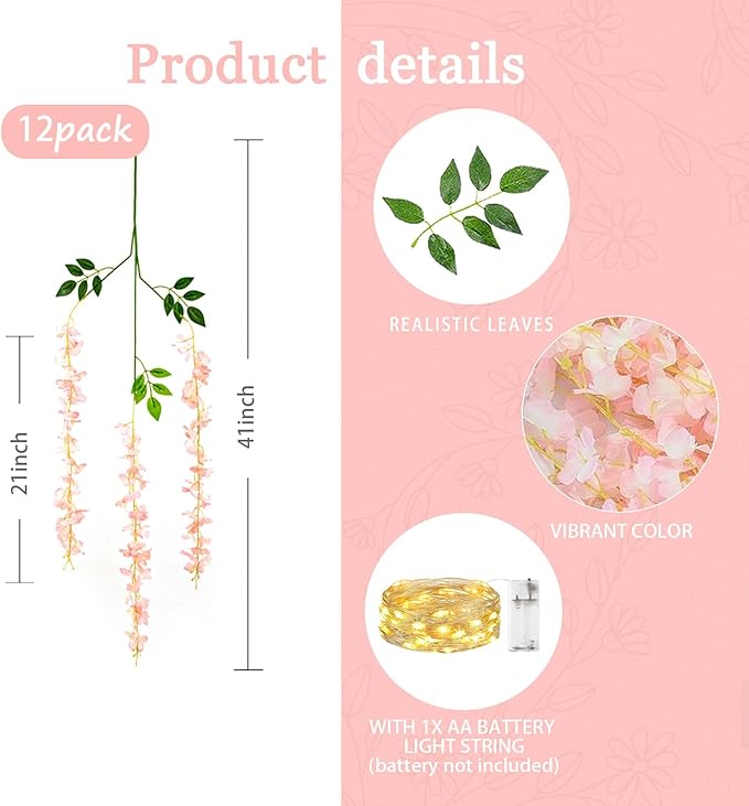 12 Pack Light Pink Wisteria Hanging Flowers Garland - Image 2
