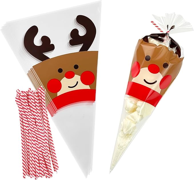 EKAPACKAGING 50Pcs 6x10 Inches Reindeer Print Cone Shaped Treat Bags by EKAPACKAGING