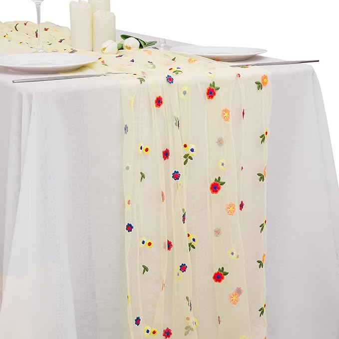 BINBE 1pcs Daisy Fall Table Runner Embroidery Gauze 10FT Florals Seasonal Tulle by BINBE