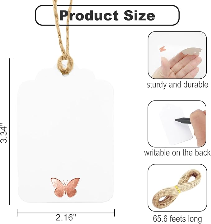 100Pcs Blank Gift Tags with String, Foil Rose Gold Butterfly Large Gift Tags - Image 3