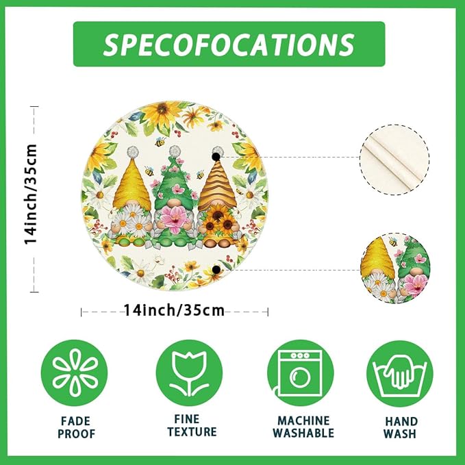 XCHI Daisies Flowers Gnomes Spring Round Placemats Set of 4 Table Mats Summer - Image 5