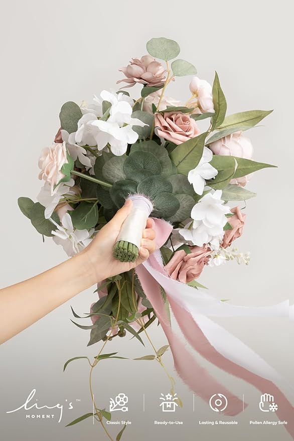Ling's moment Dusty Rose Bridal Bouquet Cascading, 15 Inch Bride Bouquet - Image 3