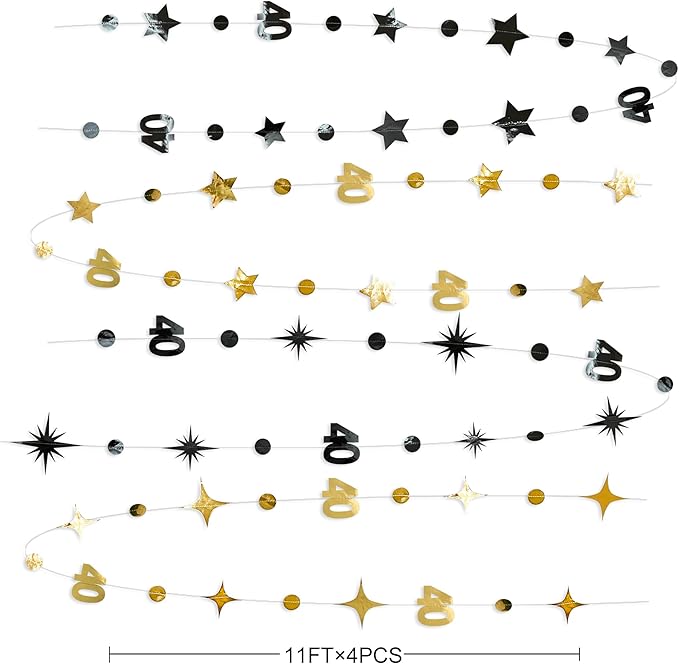 Black Gold 40th Birthday Decorations Number 40 Circle Dot Twinkle Star Garland - Image 2