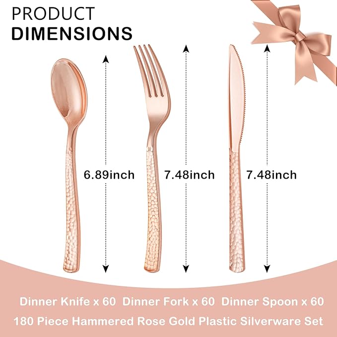 Supernal 180pcs Rose Gold Plastic Silverware Heavy Duty Plastic Forks and Spoons - Image 3