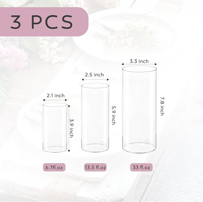 3pcs Glass Vases for Flowers, 8 Inch Tall Cylinder Vases, Bud Vase and Floating - Image 2
