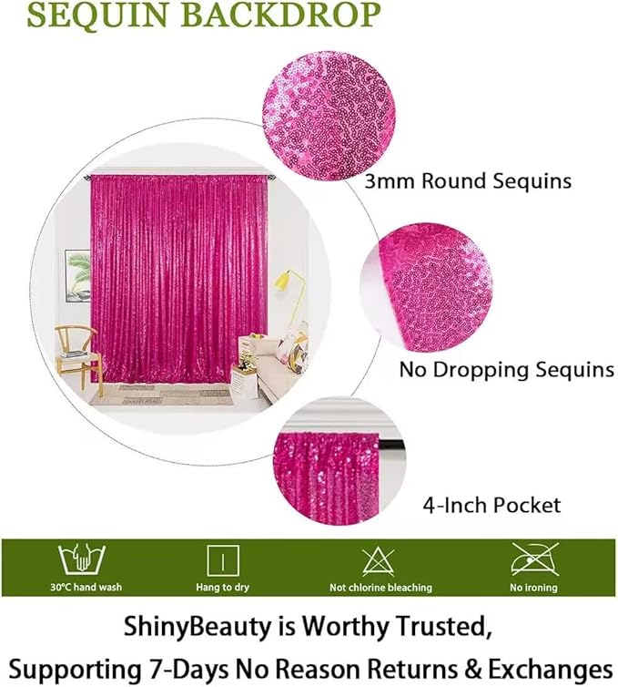 ShinyBeauty 4x10ft Fuchsia Sequin Backdrop | 2 Panels Glitter Curtains - Image 5