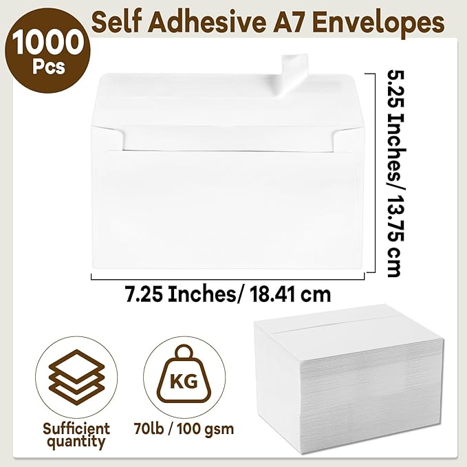 gisgfim 1000 Pcs A7 Envelopes 5.25x7.25 Inches Self Adhesive Invitation - Image 2