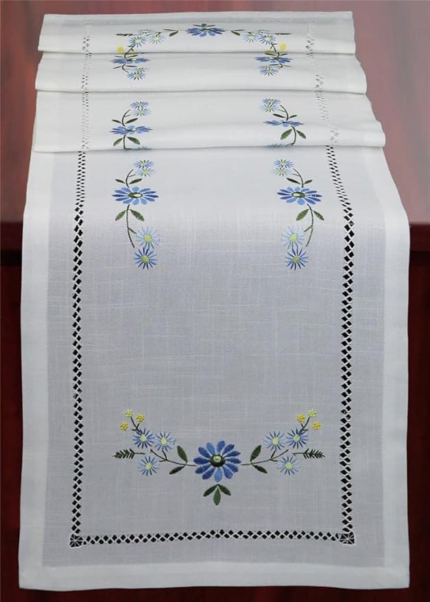 Creative Linens Hemstitch Embroidered Daisy Flower Table Runner 15x70 Dresser by Creative+Linens