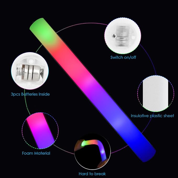EXCECAR 70PCS Foam Glow Sticks, LED Light Up Foam Sticks - Image 2