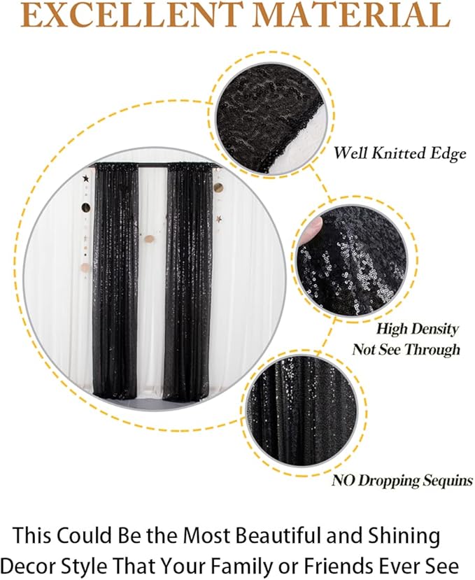 ShinyBeauty Sequin Curtains 2 Panels Black 2FTx8FT Sequin Photo Backdrop Black - Image 5