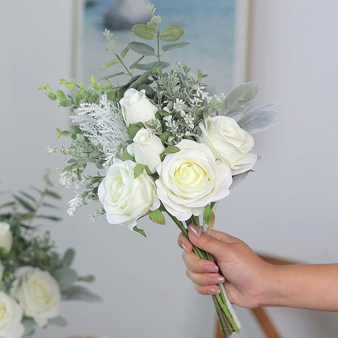 Faux Flowers with Vase, Artificial Silk Roses in Vase, Fake Plant Eucalyptus - Image 7