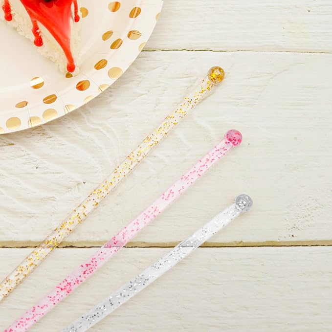 100-PCS Gold Pink Silver Glitter Plastic Swizzle Sticks, Crystal Cake Pops - Image 3
