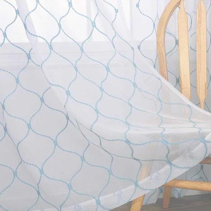 Embroidery Sheer Curtains Blue 63 Inches, Rod Pocket Voile Drapes by MYSTIC-HOME