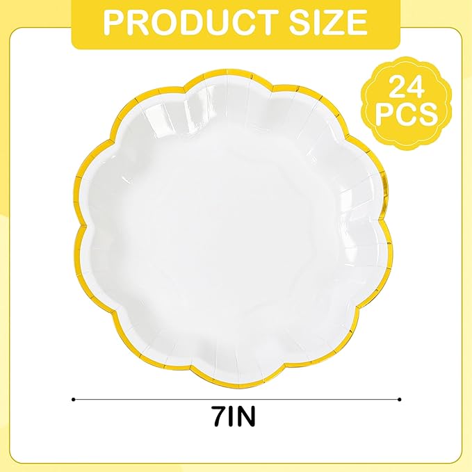 White Golden Party Plates Gold Foil Dessert Paper Plate 7inch Scalloped Edge - Image 2