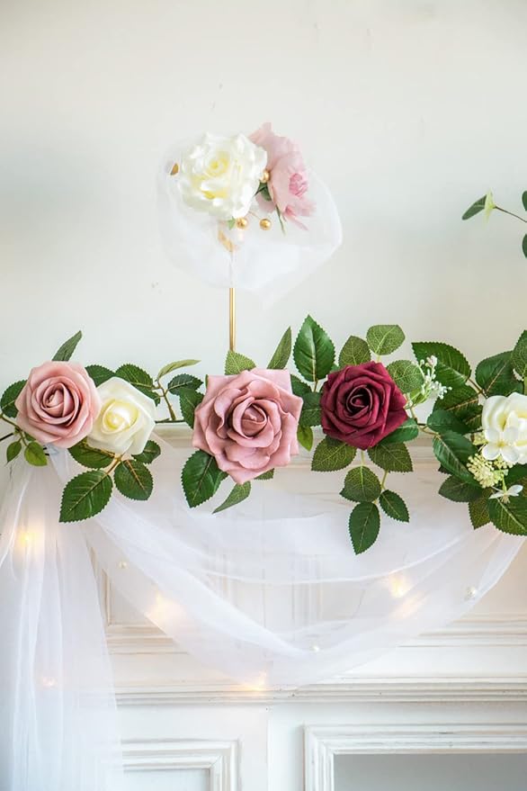 PONATIA 5FT Burgundy Artificial Flowers Garland, Dusty Rose Flowers Garland - Image 3