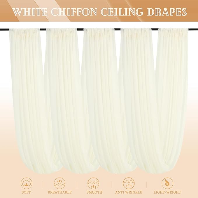 4 Panels Ivory Ceiling Drapes for Wedding 5ftx30ft Sheer Drapery Chiffon Fabric - Image 7