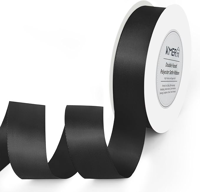 Solid Color Double Faced Black Satin Ribbon 1" x 25 Yards Ribbons Use by KMERLIFE