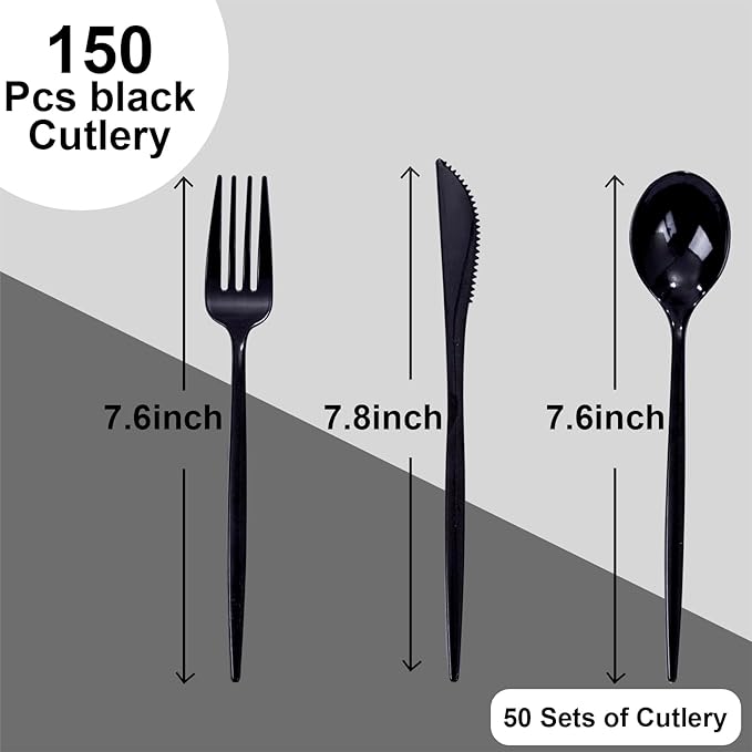 PULOTE 150PCS Black Plastic Silverware Set Disposable - Image 2