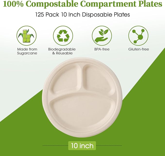 ECOLipak 125 Pack 3 Compartment Plates Disposable, 10 inch Heavy-Duty - Image 2